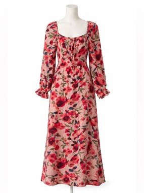 Floral Scoop-Neck Maxi Dress Puff Sleeves in Pink and Red Floral Size XL Boho